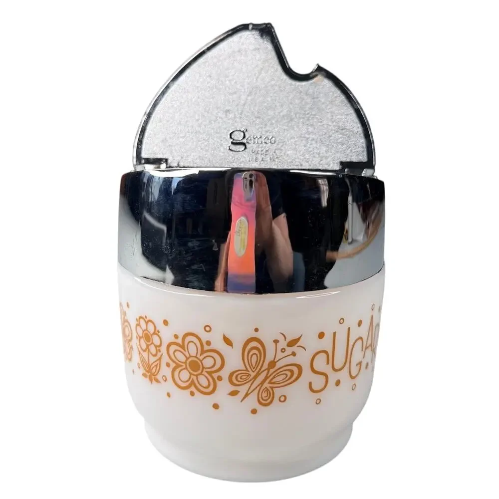 Vintage Gemco USA Milk Glass Sugar Canister Chrome Lid Butterfly 1970s Retro MCM